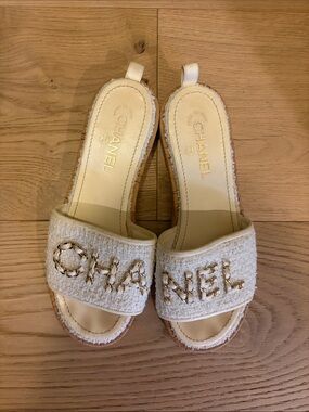 CHANEL Cream Tweed Slide Mules with Gold Logo